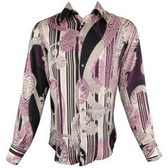 VERSACE Size S Cream & Black Striped Purple Floral Silk Long Sleeve Shirt