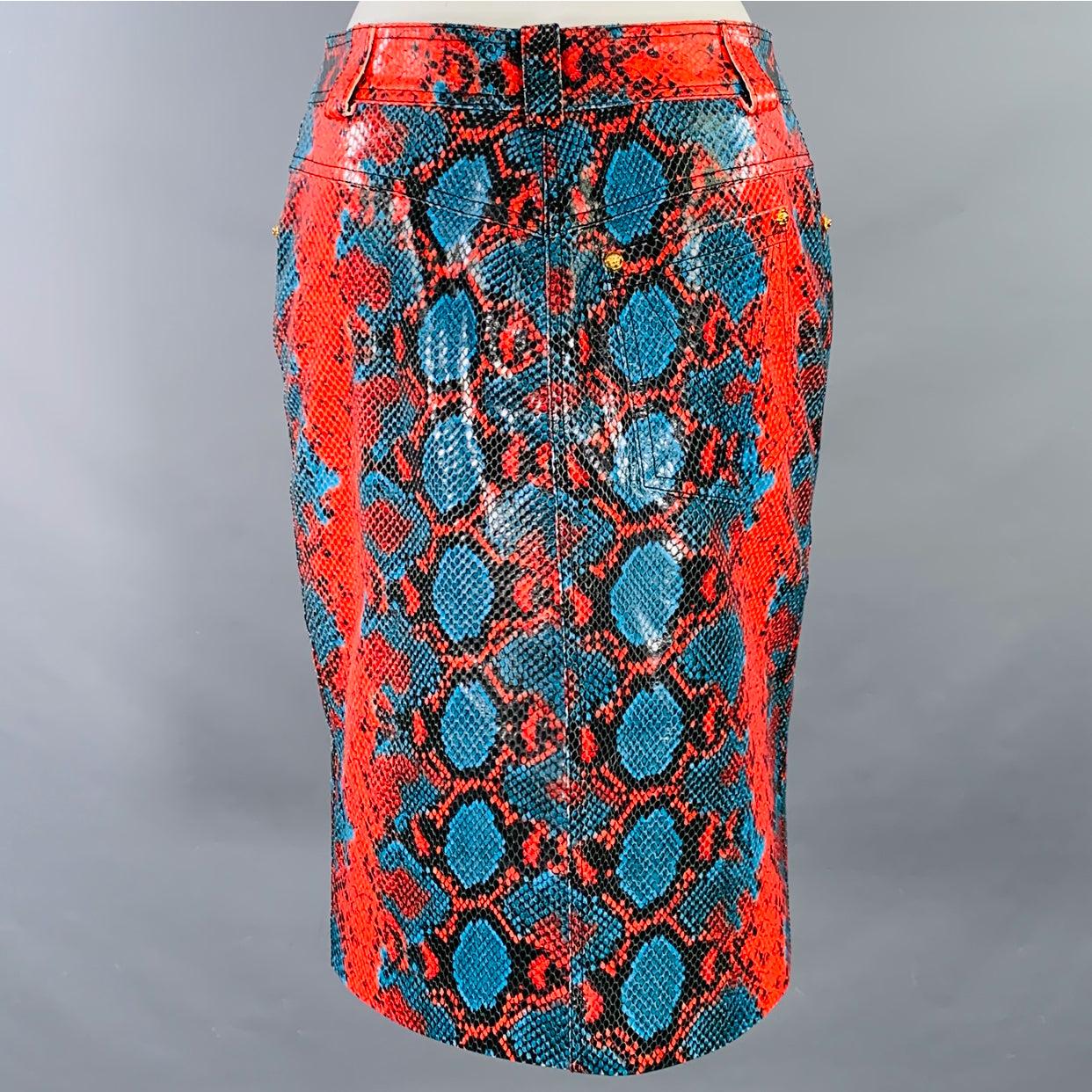 Black VERSACE Size S Red Blue Leather Snake Embossed Pencil Skirt For Sale