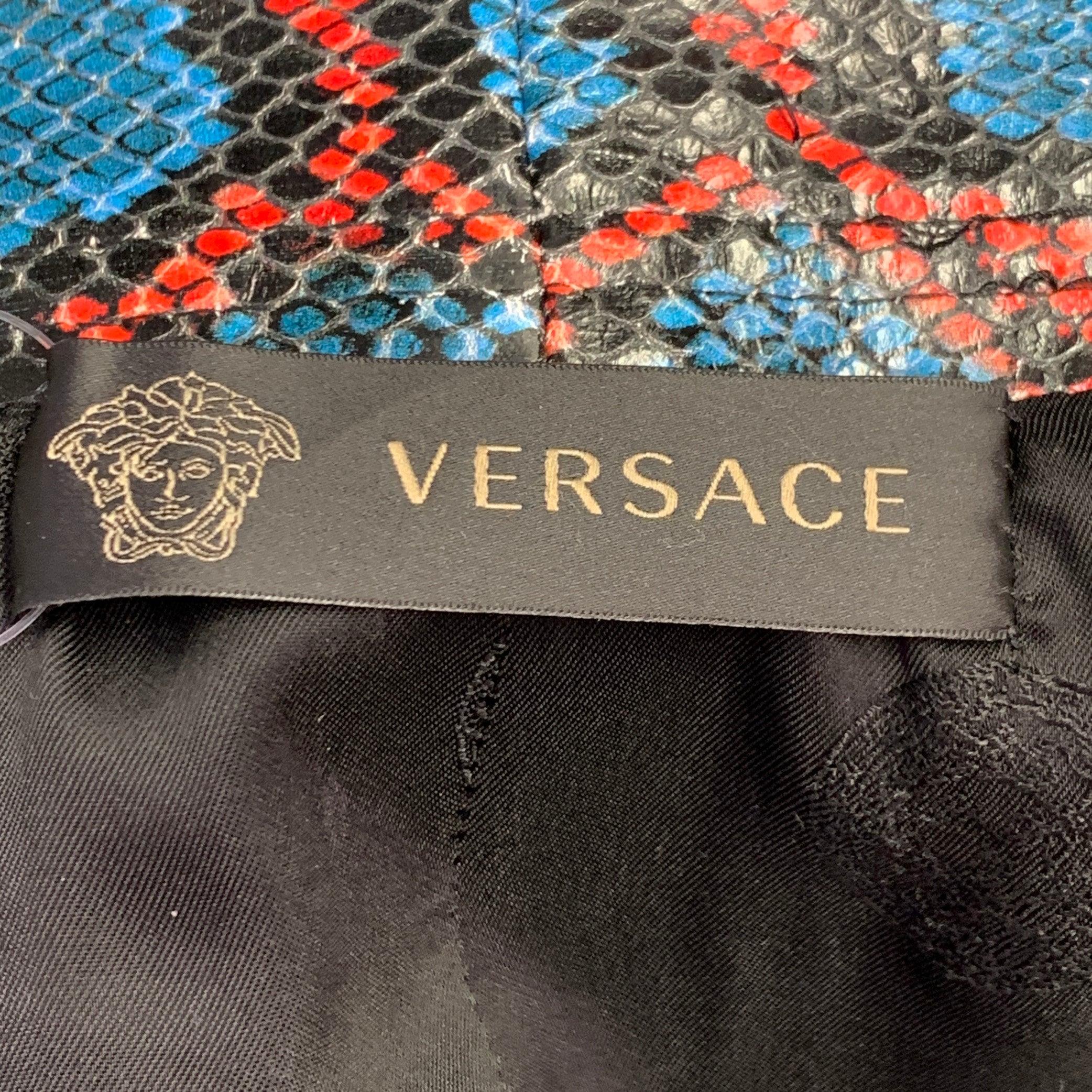 Women's VERSACE Size S Red Blue Leather Snake Embossed Pencil Skirt For Sale