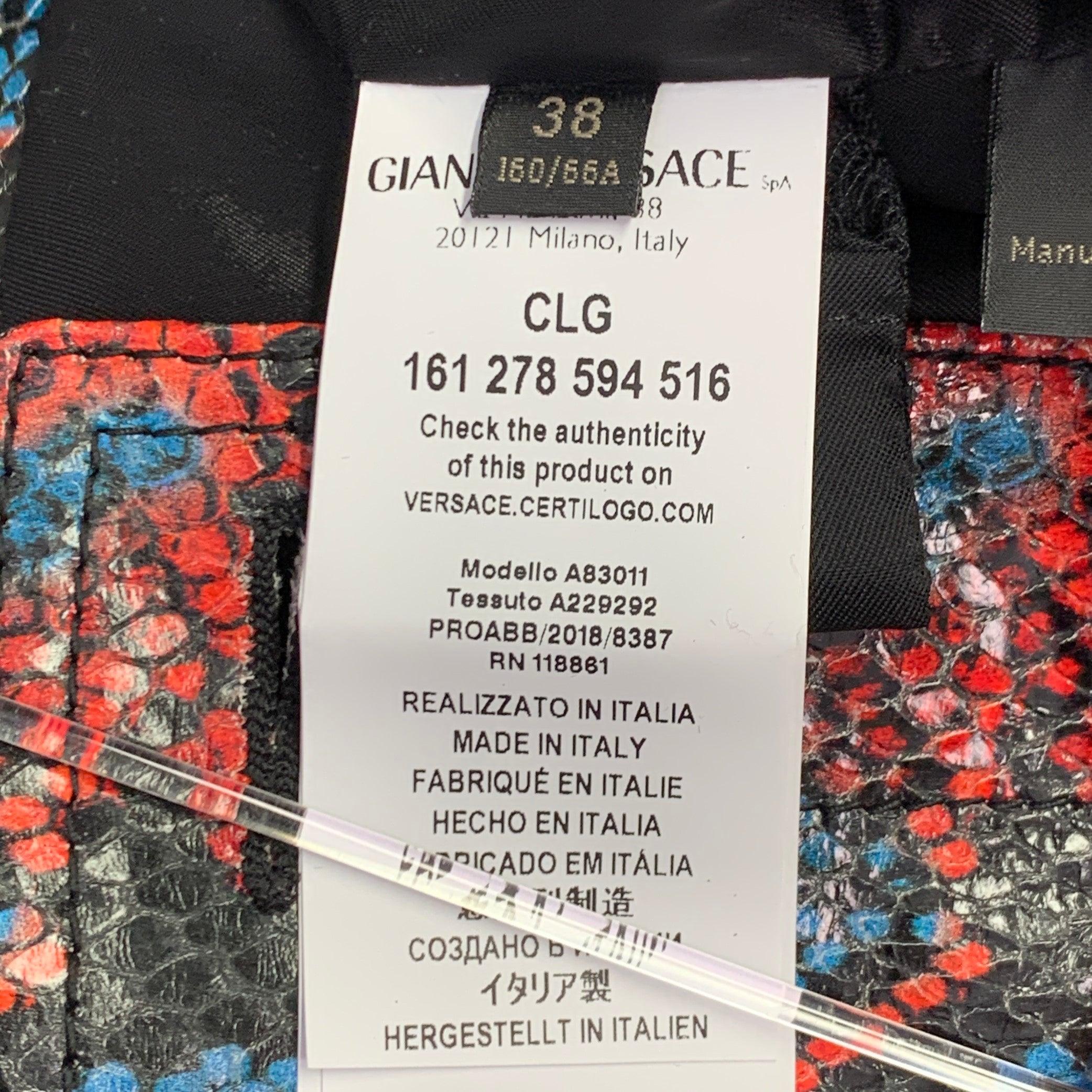 VERSACE Size S Red Blue Leather Snake Embossed Pencil Skirt For Sale 1