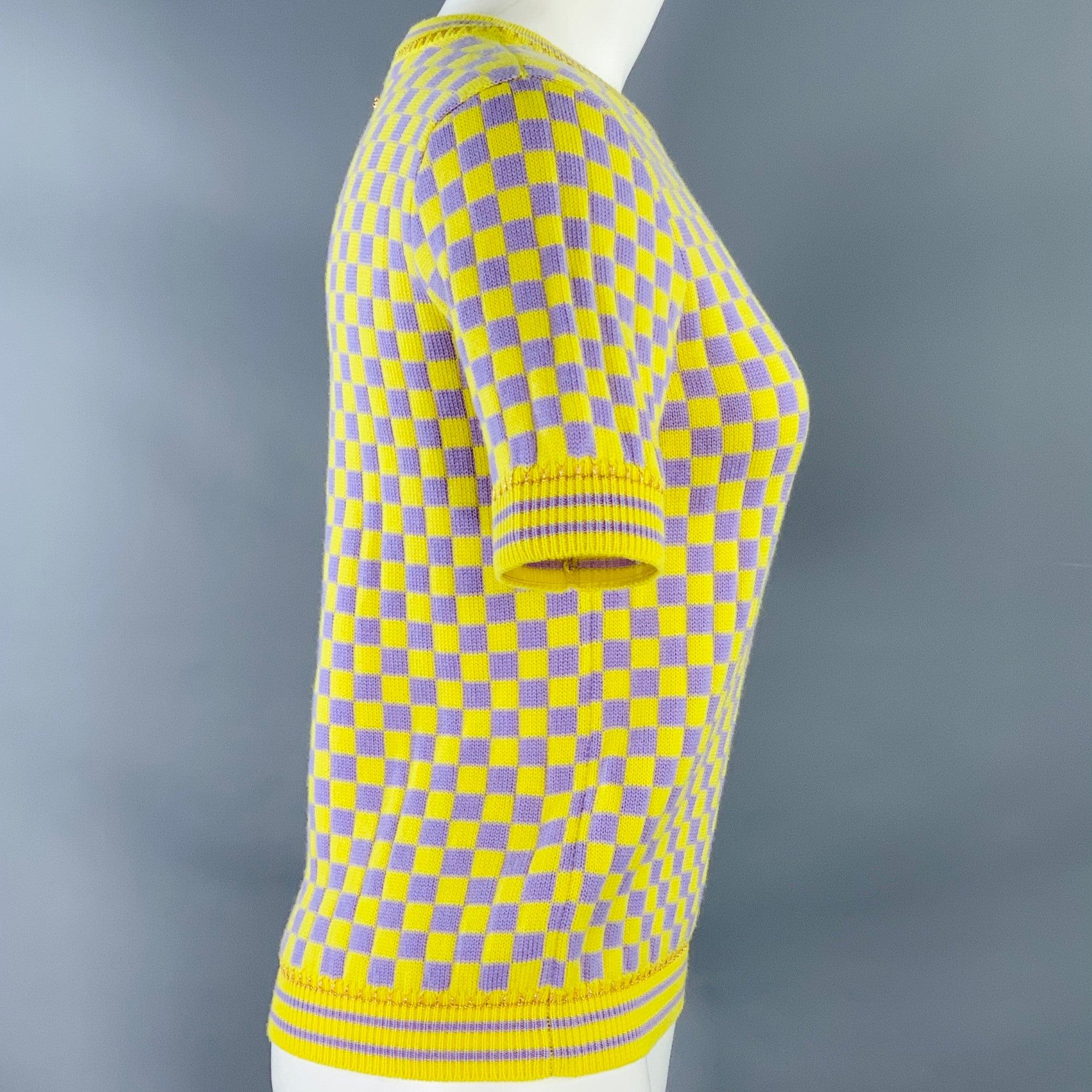 Purple VERSACE Size S Yellow Lavender Wool Blend Checkered Crew Neck Casual Top For Sale