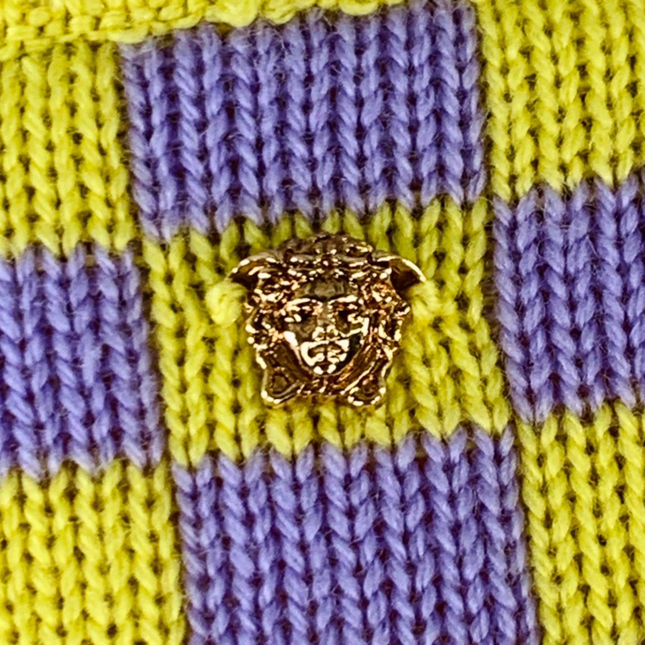 Women's VERSACE Size S Yellow Lavender Wool Blend Checkered Crew Neck Casual Top For Sale