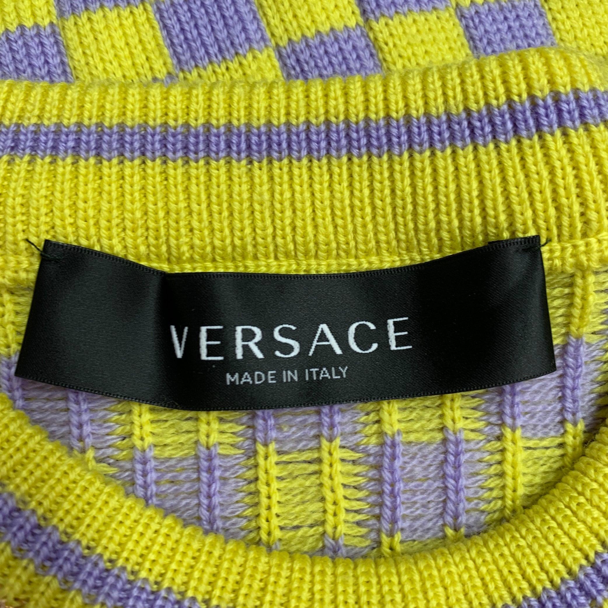 VERSACE Size S Yellow Lavender Wool Blend Checkered Crew Neck Casual Top For Sale 1