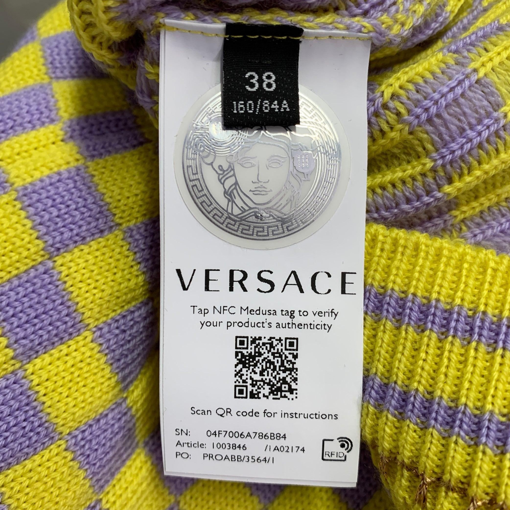 VERSACE Size S Yellow Lavender Wool Blend Checkered Crew Neck Casual Top For Sale 2
