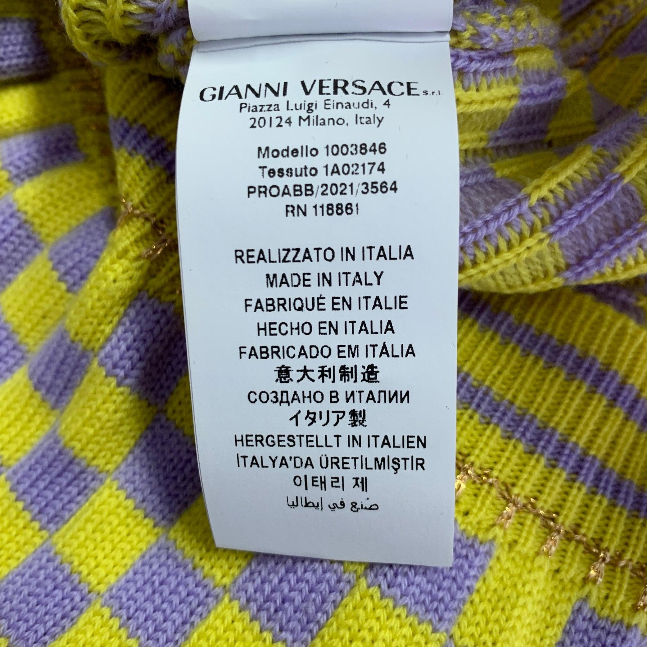 VERSACE Size S Yellow Lavender Wool Blend Checkered Crew Neck Casual Top For Sale 3