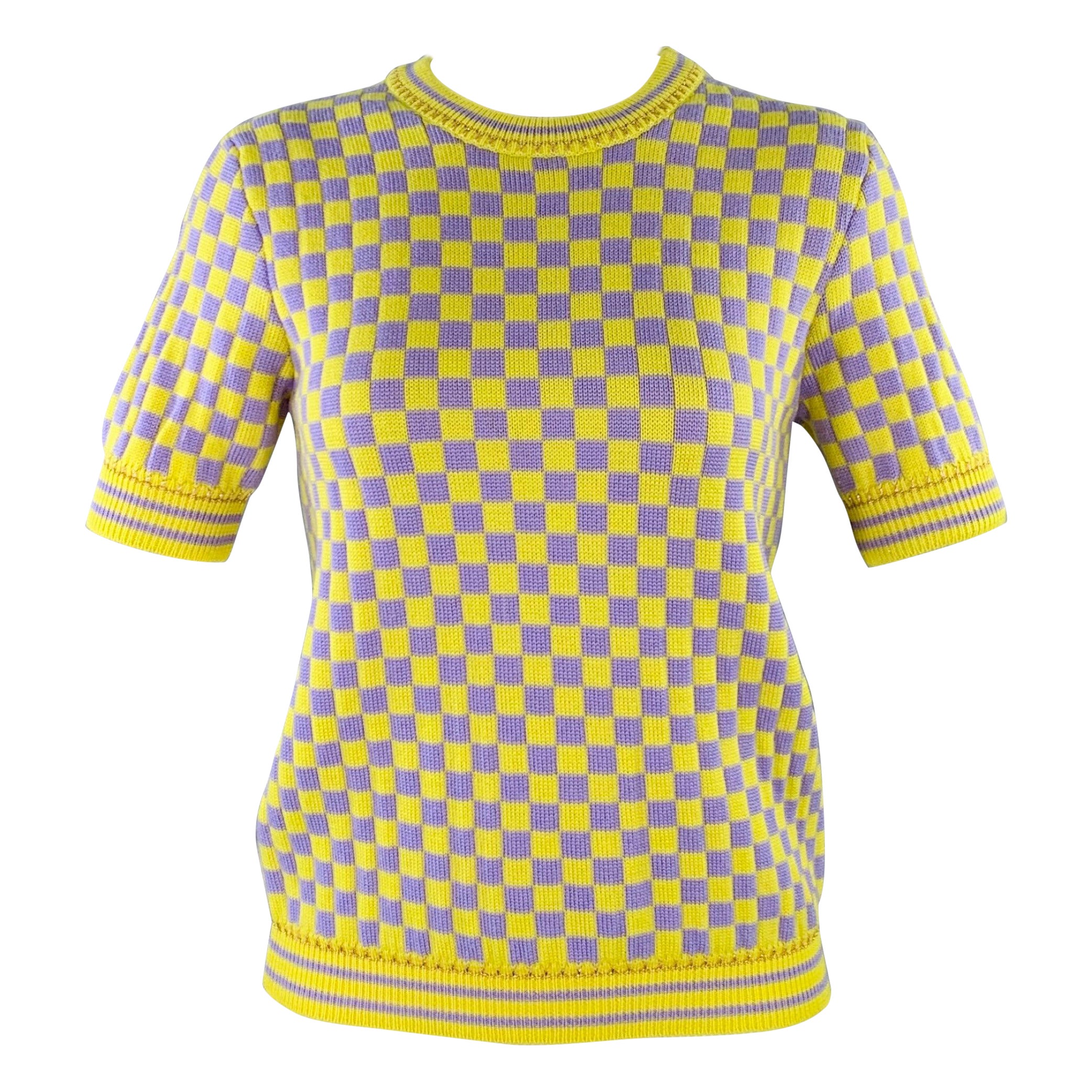 VERSACE Talla S Amarillo Lavanda Mezcla de Lana A Cuadros Cuello Redondo Top Casual