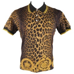 VERSACE Size XL Brown & Gold Baroque Animal Print Yellow Stripe POLO