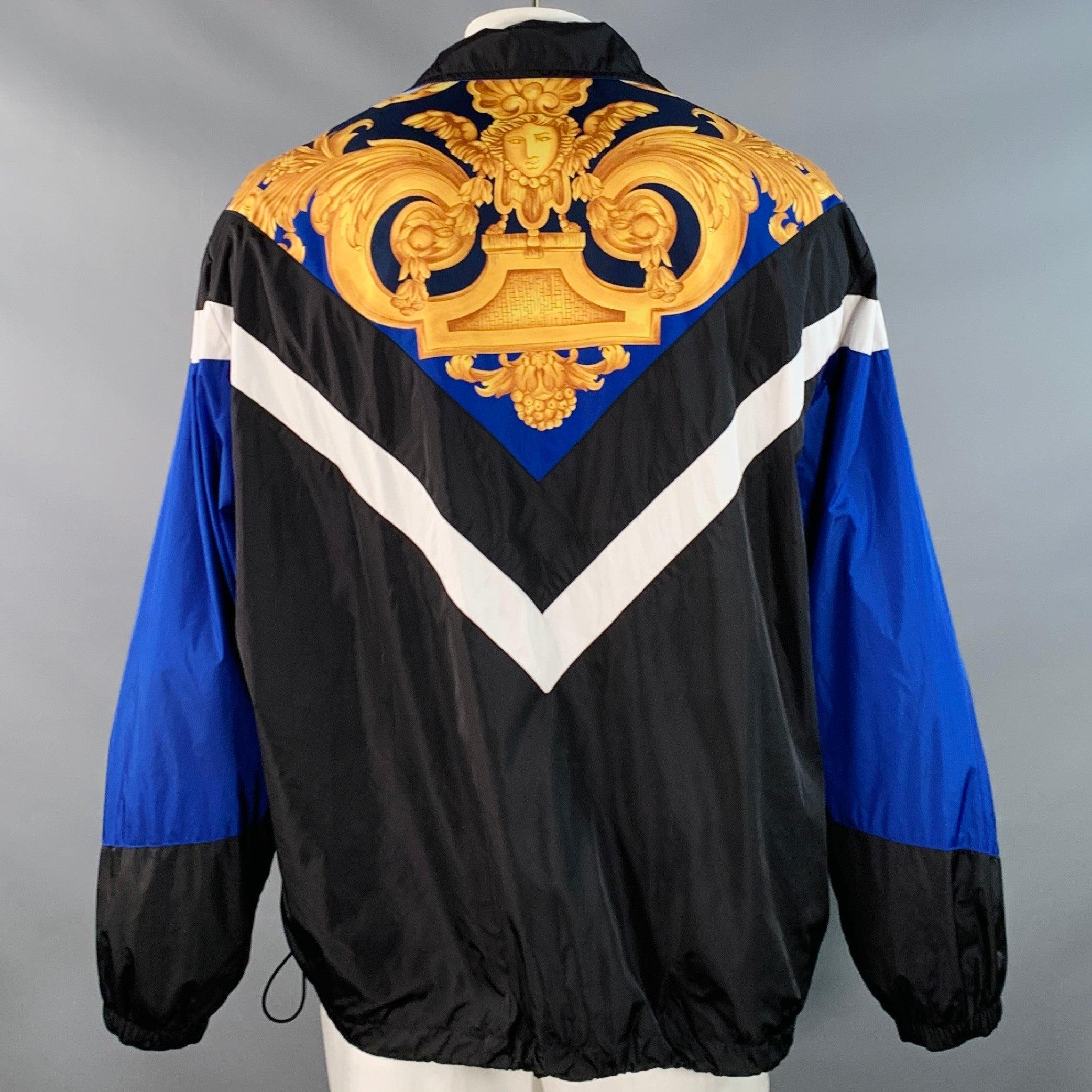 VERSACE Größe XXL Schwarz Blau Gold Barock Polyamidmischung Windbreaker Jacke Herren im Angebot