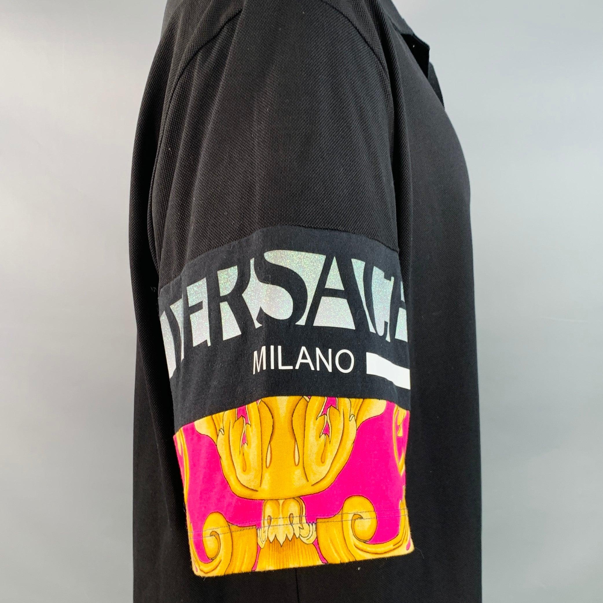 VERSACE Size XXL Black Multi Color Mixed Patterns Cotton Pique Half Placket Polo Negro en venta