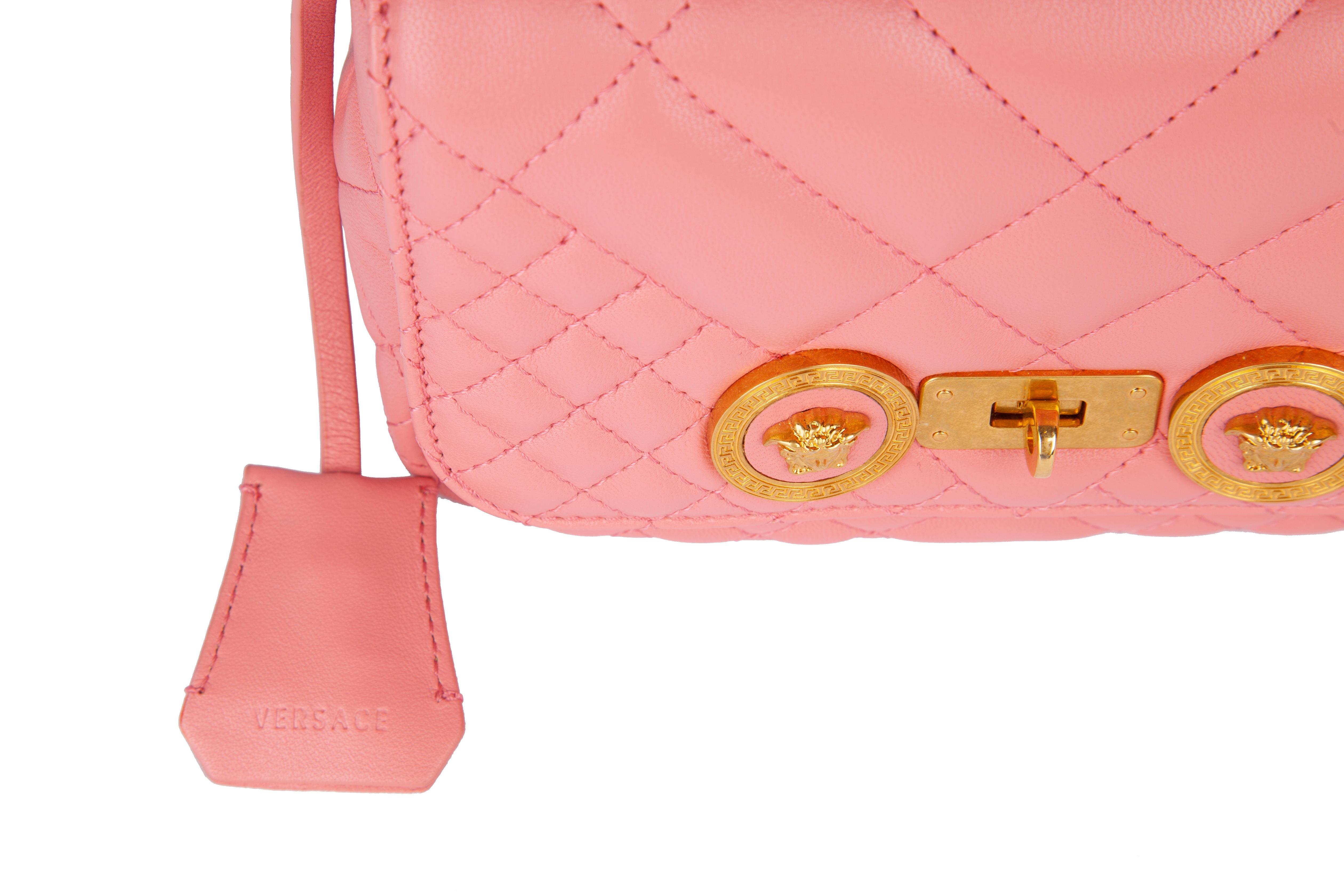 Women's Versace Small Shell Pink Quilted Leather Icon Shoulder Bag
