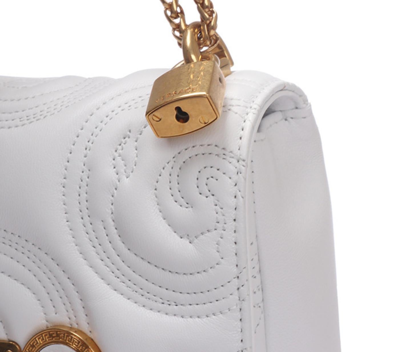 Gray Versace Small White Embroidered Icon Shoulder Bag with Gold Tone Chain
