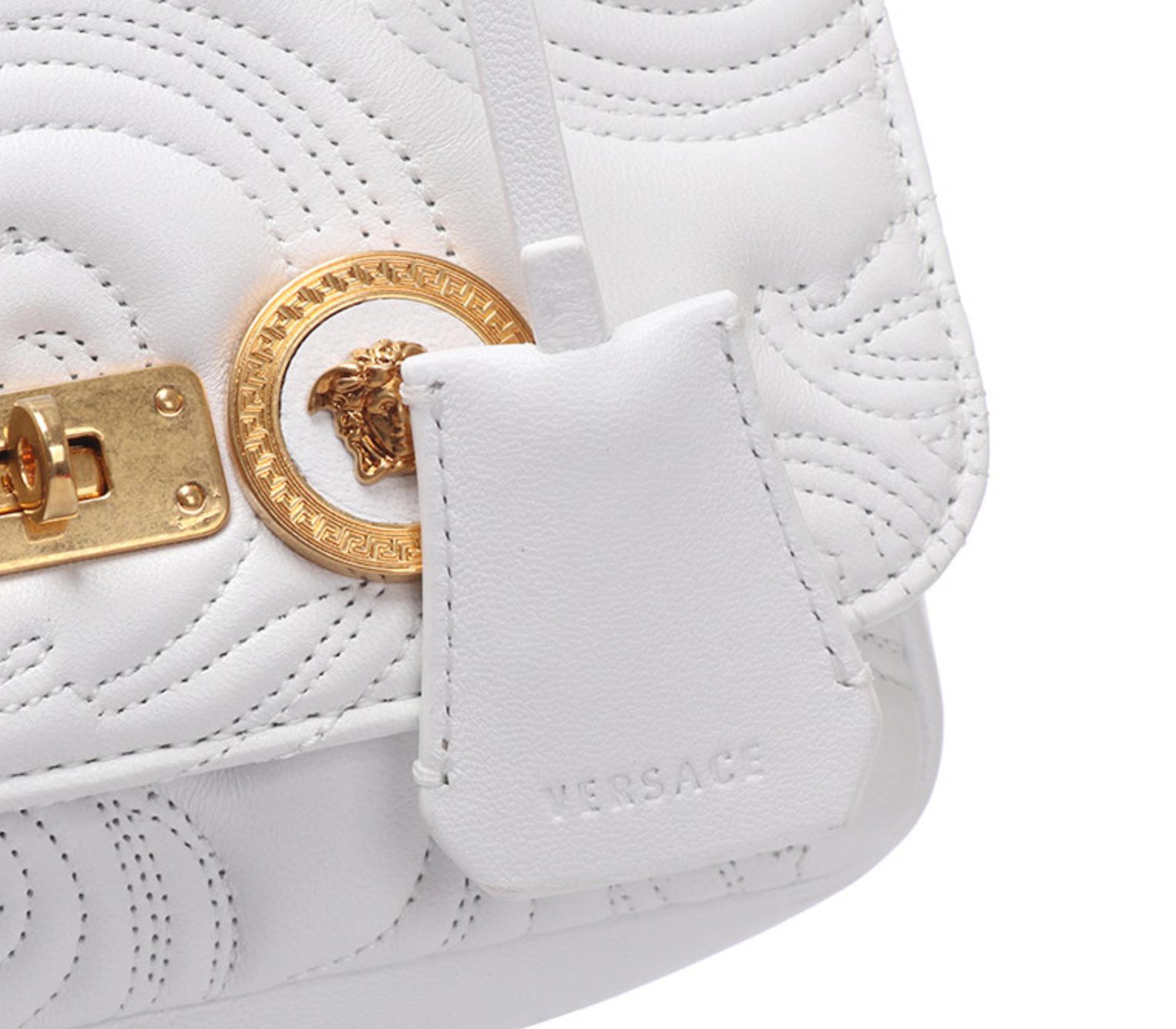 Versace Small White Embroidered Icon Shoulder Bag with Gold Tone Chain In New Condition In Paradise Island, BS