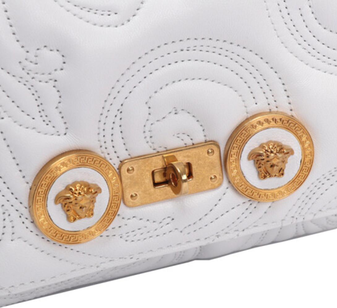 Women's Versace Small White Embroidered Icon Shoulder Bag with Gold Tone Chain