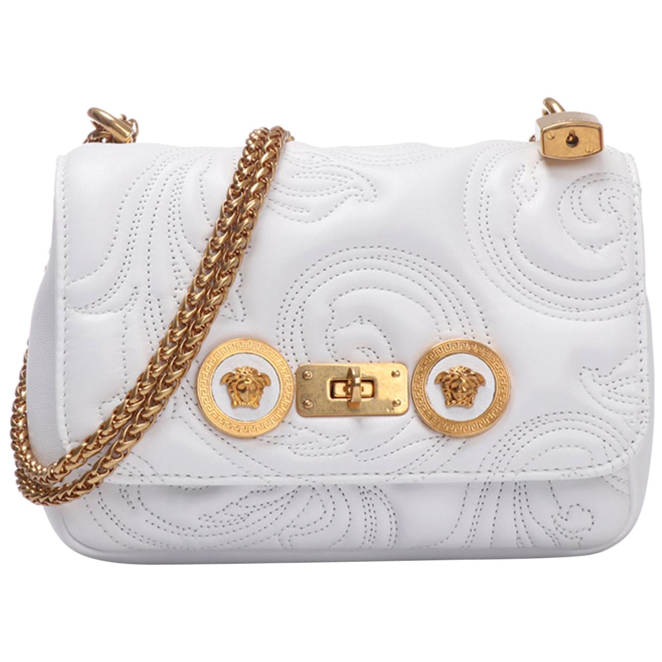 Versace Small White Embroidered Icon Shoulder Bag with Gold Tone Chain