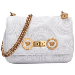 Versace Small White Embroidered Icon Shoulder Bag with Gold Tone Chain