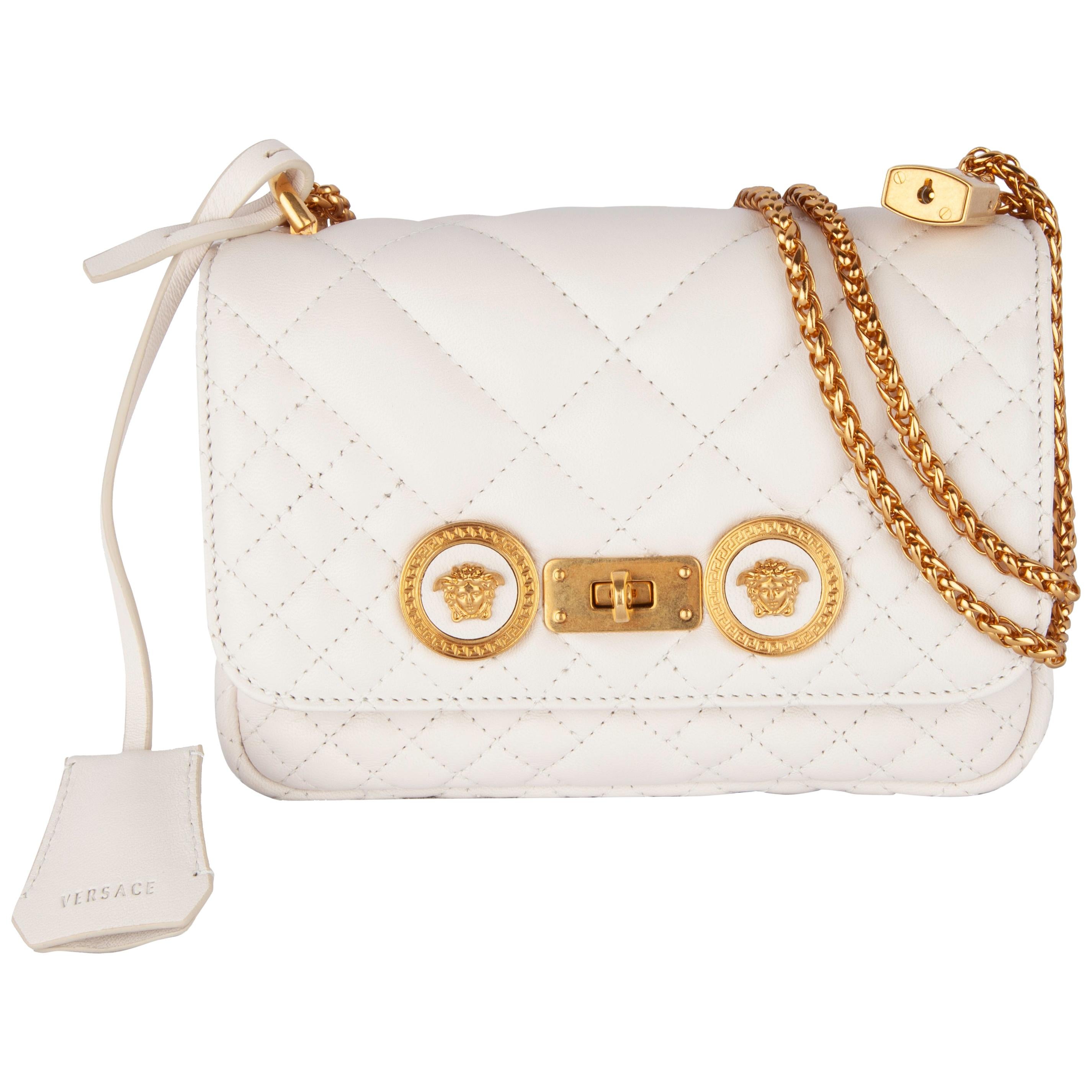 Versace Small White Quilted Leather Icon Shoulder Bag W/ Gold Tone Metal Chain 