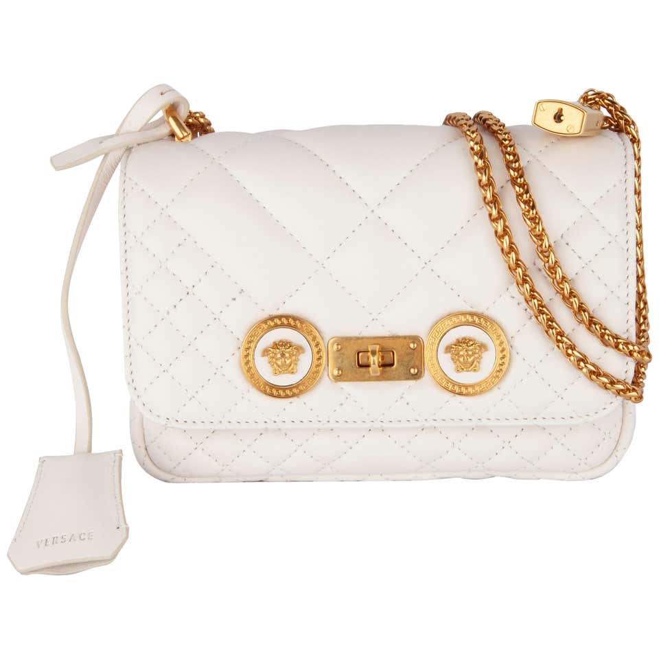 Versace Small White Quilted Leather Icon Shoulder Bag W/ Gold Tone ...