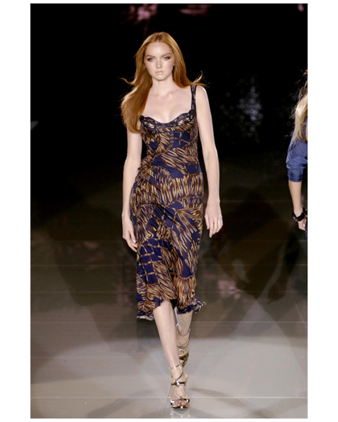 Versace Spring 06 blue brown leather silk sleeveless bustier midi dress IT 38 For Sale 10