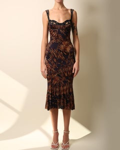 Versace Spring 06 blue brown leather silk sleeveless bustier midi dress IT 38