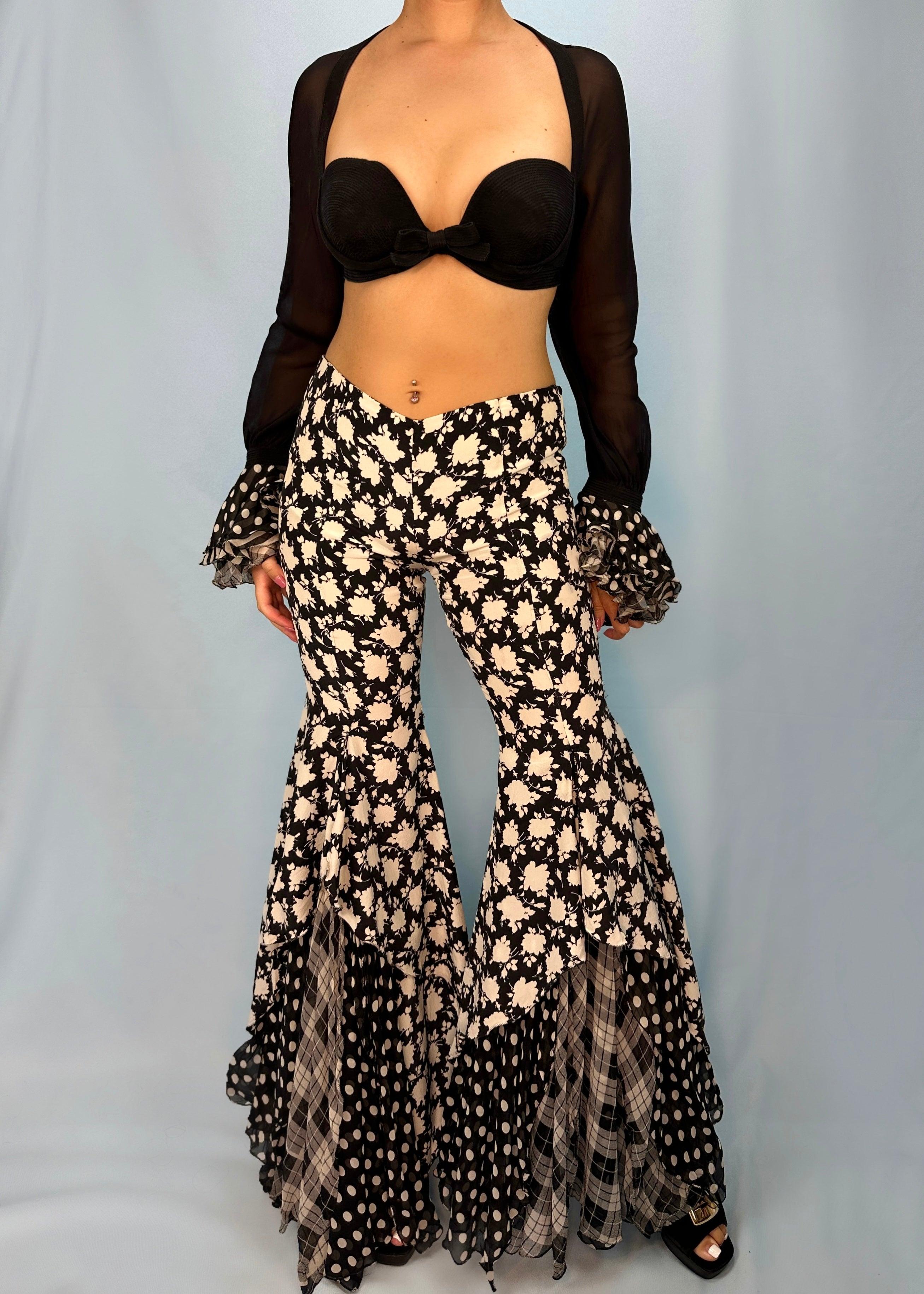 Black Versace Spring 1993 Runway Silk Chiffon Flare Pants & Bralette Top Two Piece Set