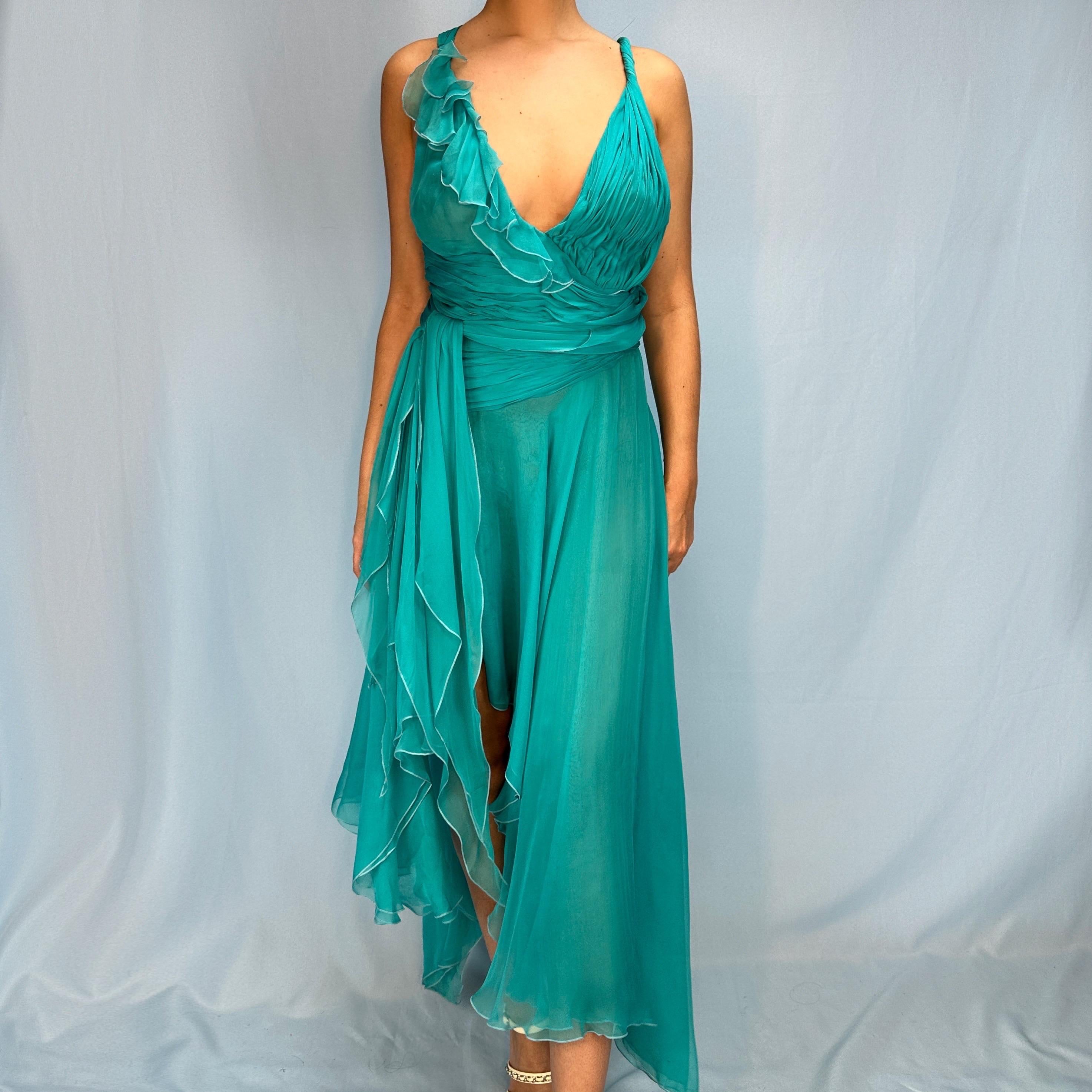 Versace Spring 2004 Teal Silk Chiffon Dress In Good Condition For Sale In Hertfordshire, GB