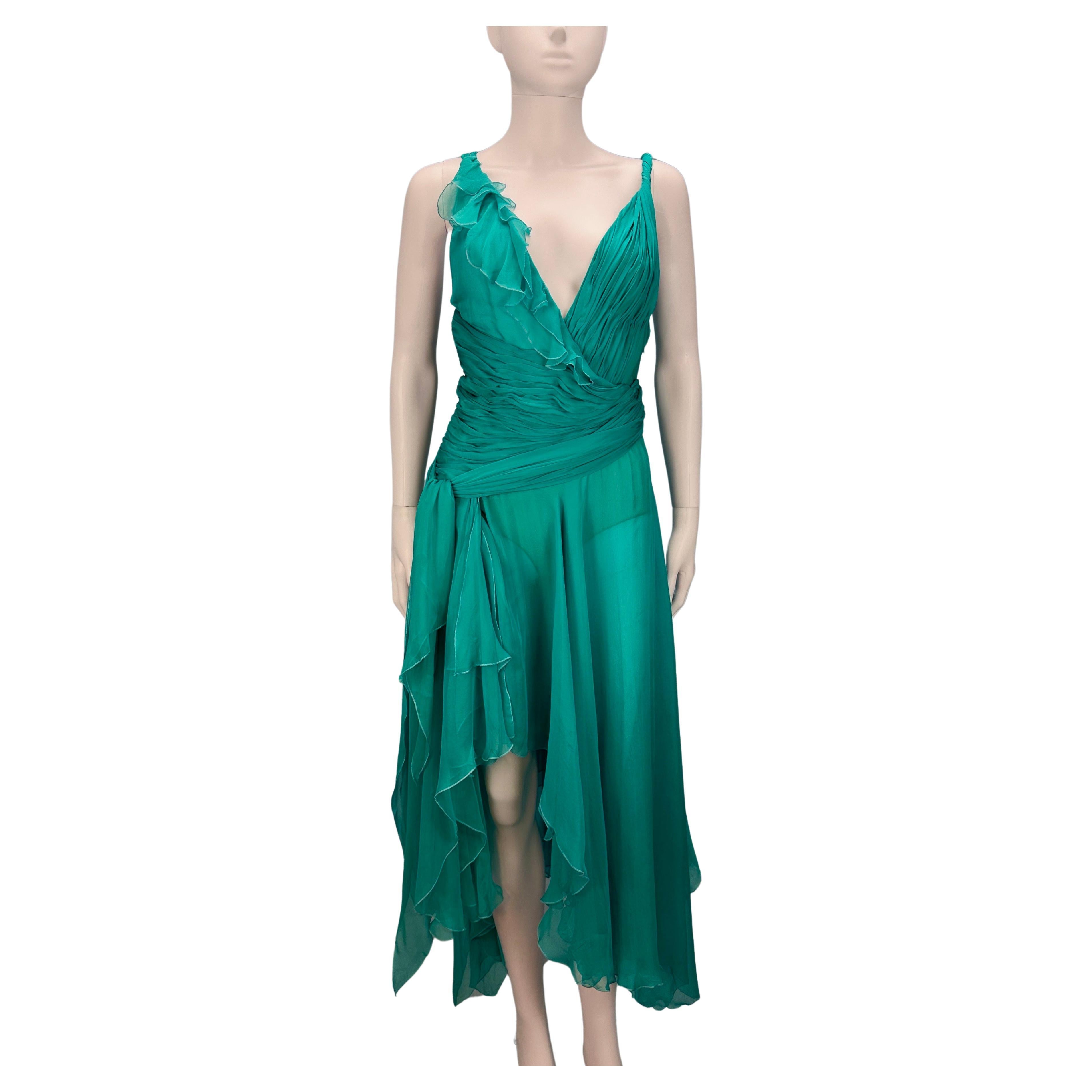 Versace Spring 2004 Teal Silk Chiffon Dress For Sale