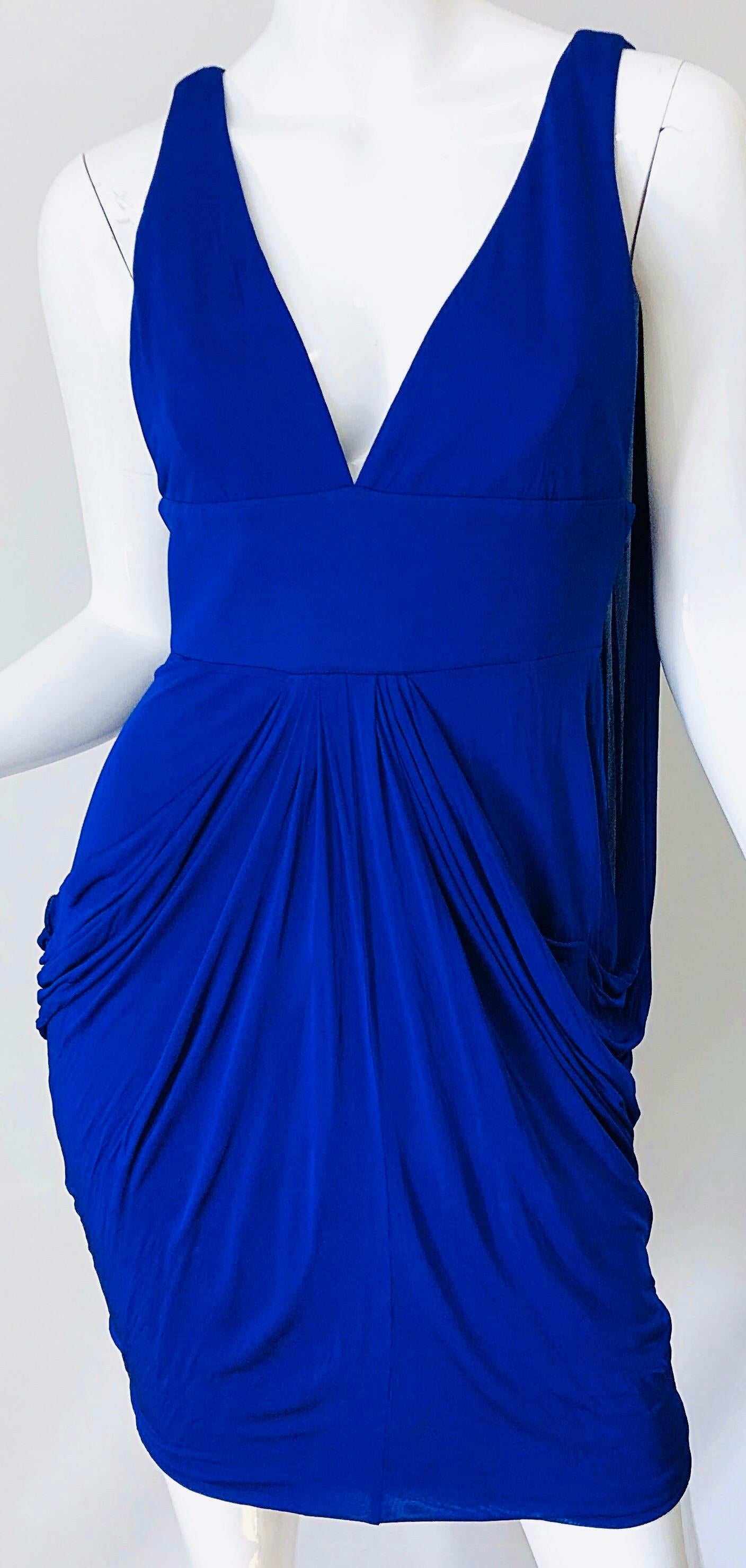 Versace Spring 2008 Runway Purple Blue Cape Back Jersey Avant Garde Dress Sz 42 In Excellent Condition For Sale In San Diego, CA