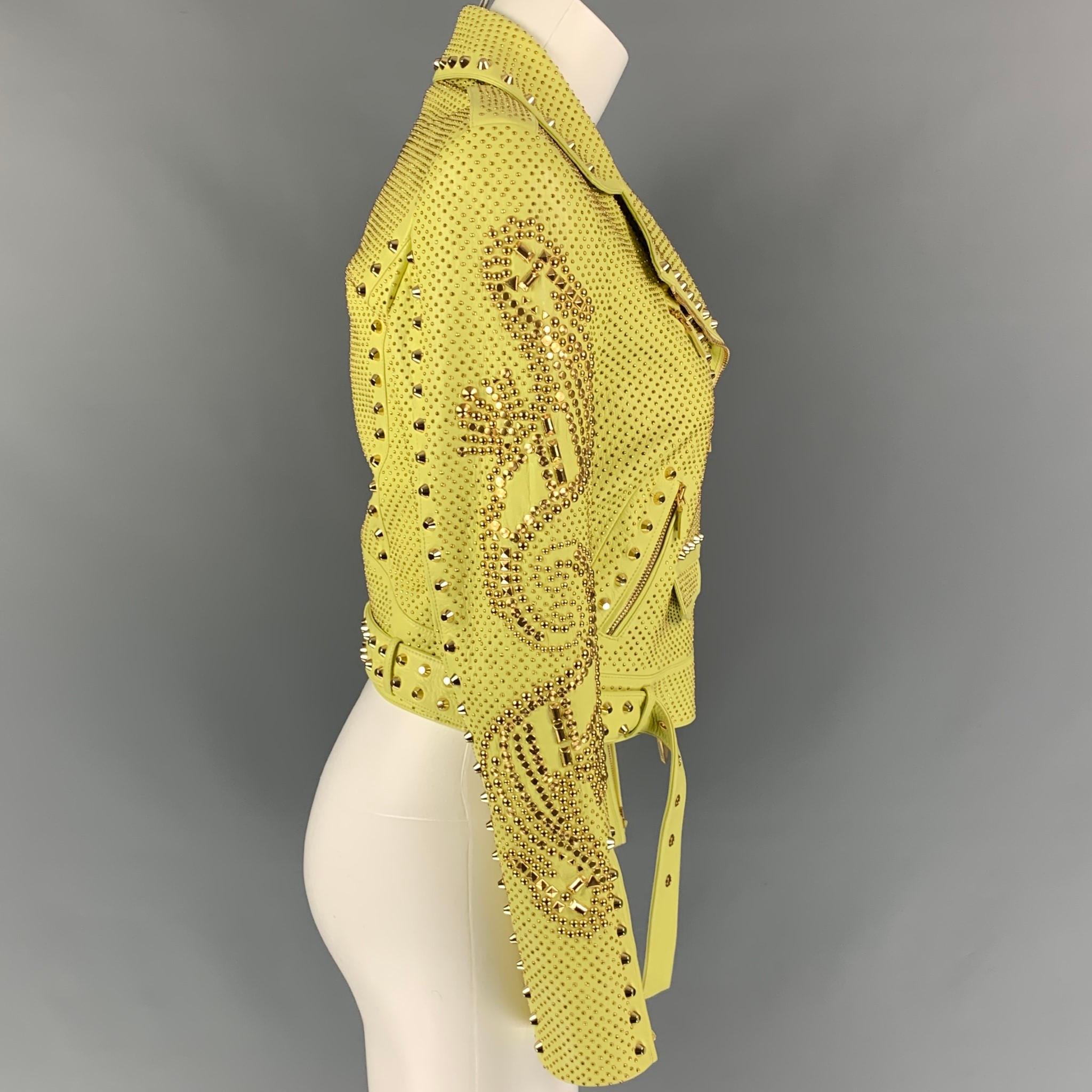 Beige VERSACE Spring 2012 Size 2 Yellow & Gold Studded Leather Biker Jacket