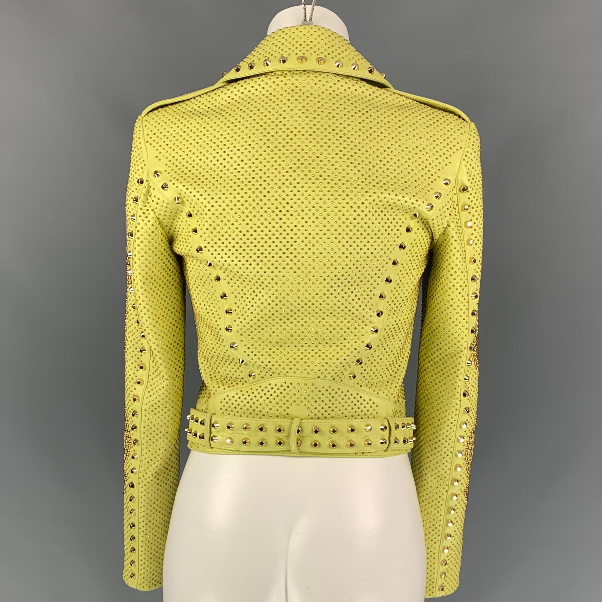 VERSACE Spring 2012 Size 2 Yellow & Gold Studded Leather Biker Jacket In New Condition In San Francisco, CA