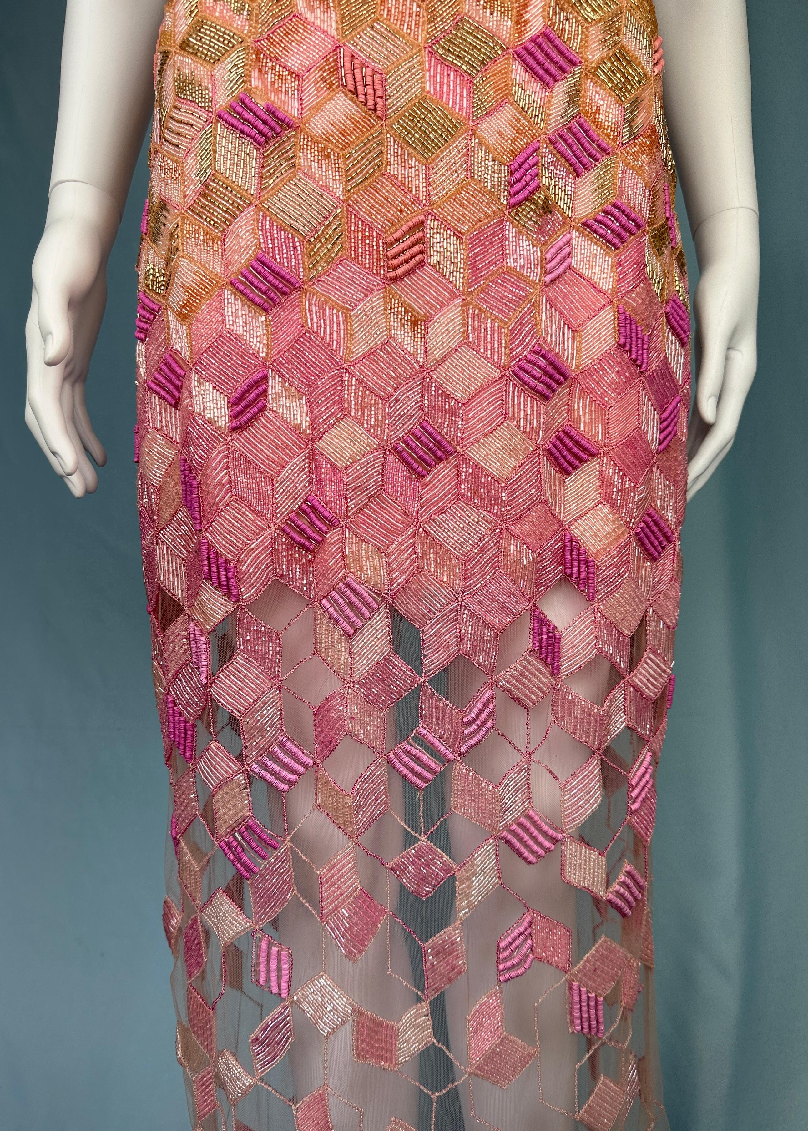 Versace Spring 2015 Beaded Embellished Geometric Pink Gown Dress For Sale 1