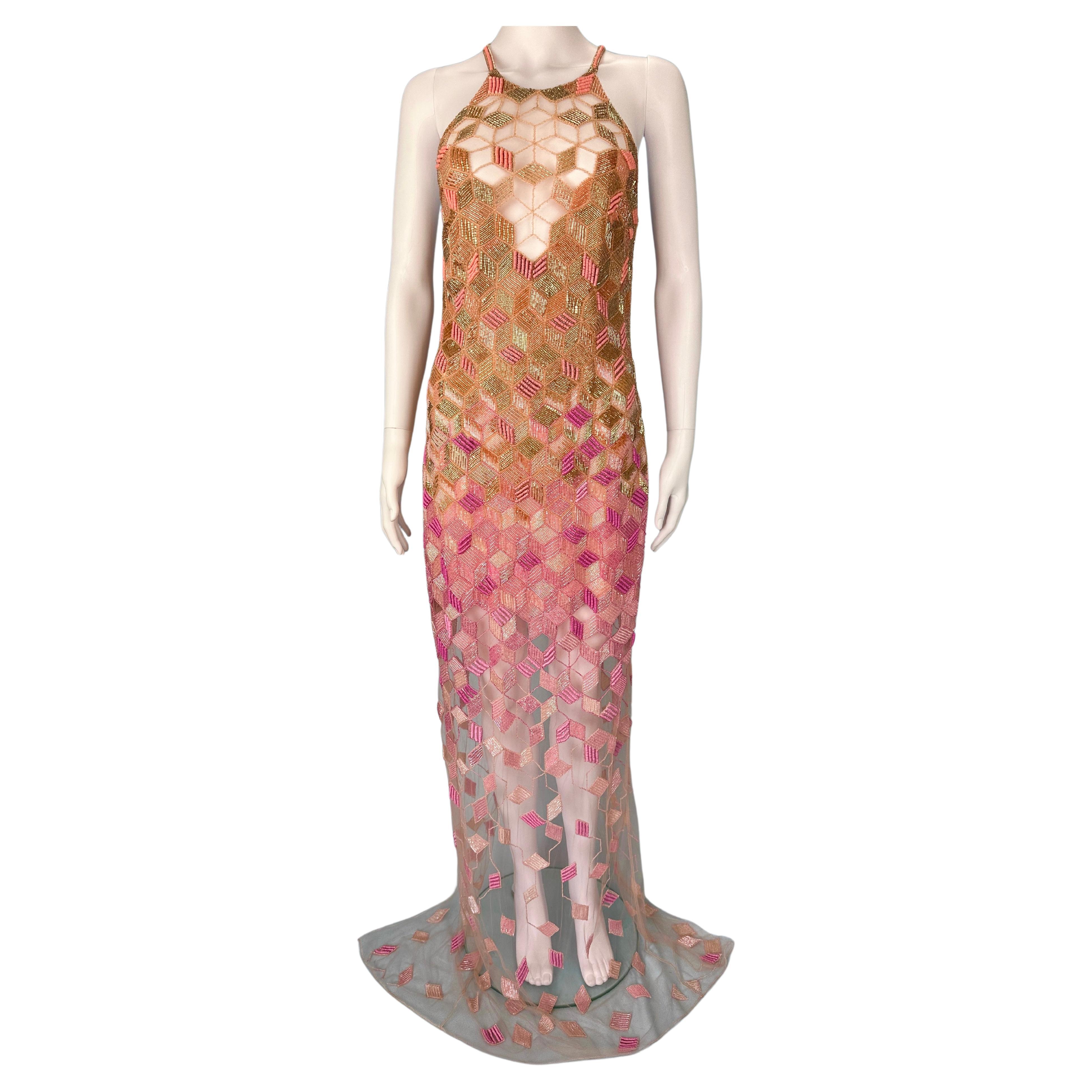 Versace Spring 2015 Beaded Embellished Geometric Pink Gown Dress For Sale