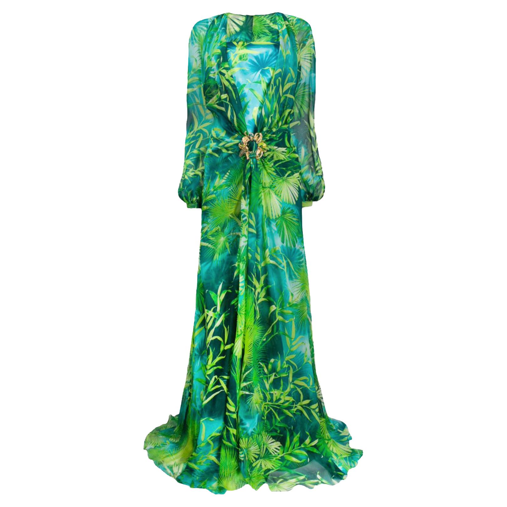 Versace Spring 2020 Green & Blue Jungle Print Floor-Length Silk Dress Size 38