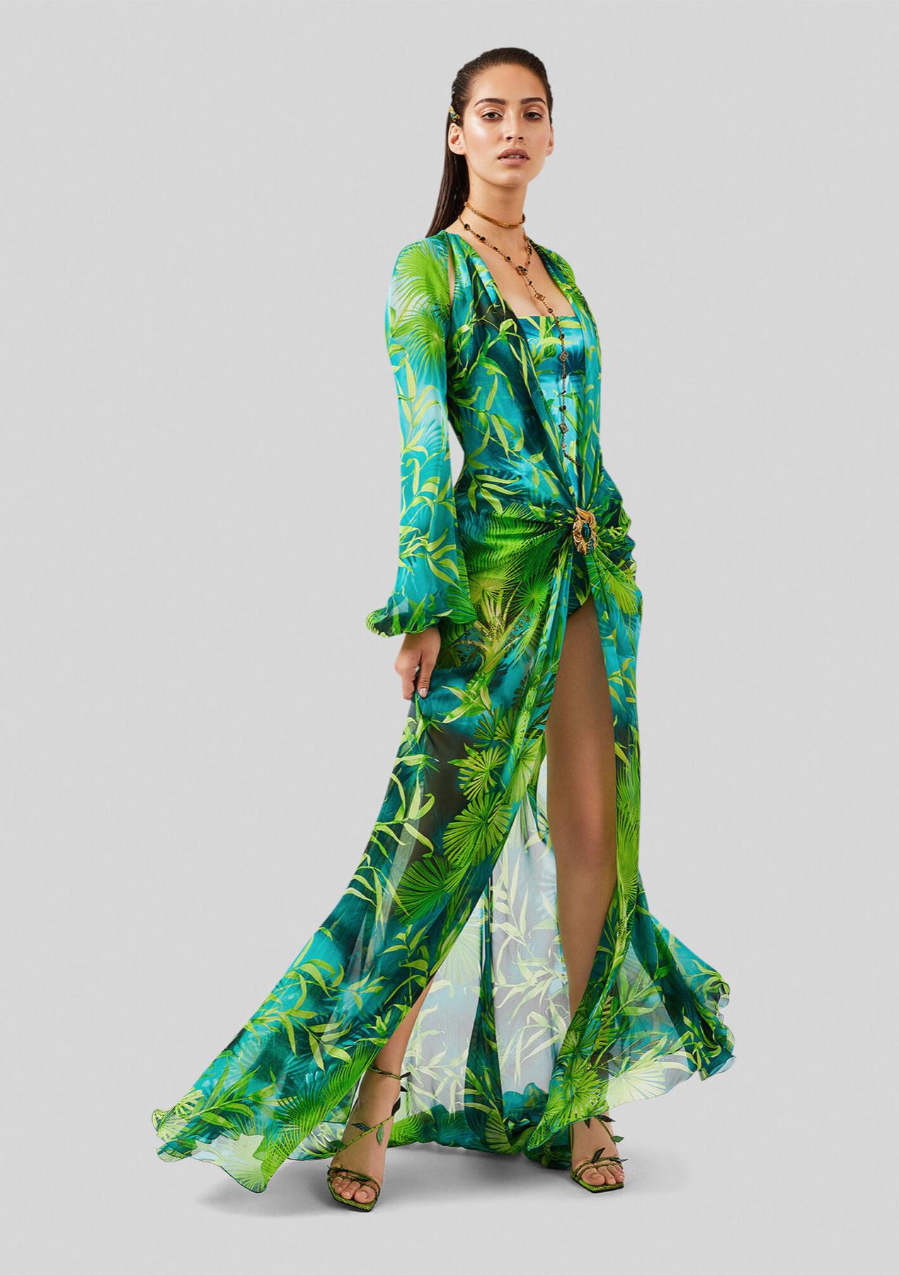 Versace Spring 2020 Green & Blue Jungle Print Floor-Length Silk Dress 

Versace's striking green and blue Jungle print dress was first worn by Jennifer Lopez at the 42nd Grammy Awards in 2000 (which broke the internet and led to the invention of