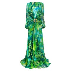 Versace Spring 2020 Green & Blue Jungle Print Floor-Length Silk Dress Size 40