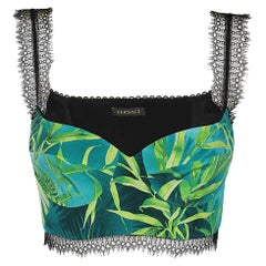 Versace Spring 2020 Green Verde Jungle Print Black Lace Bralette Top Taille 38