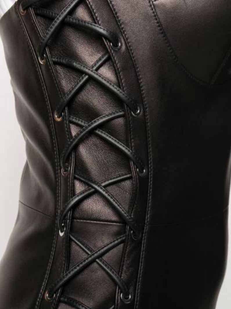 Versace Spring 2020 Runway Black Lace Up Leather Mini Dress Size 40 In New Condition In Paradise Island, BS