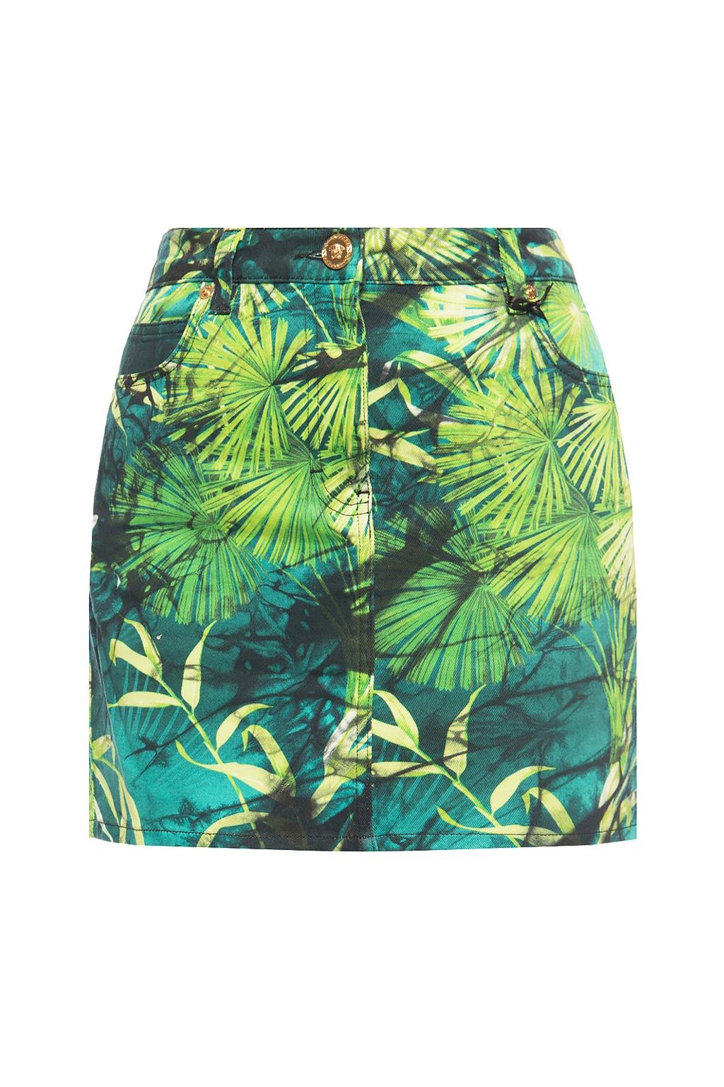 Versace Spring 2020 Runway Verde Jungle Print Denim Mini Skirt Size 40 2