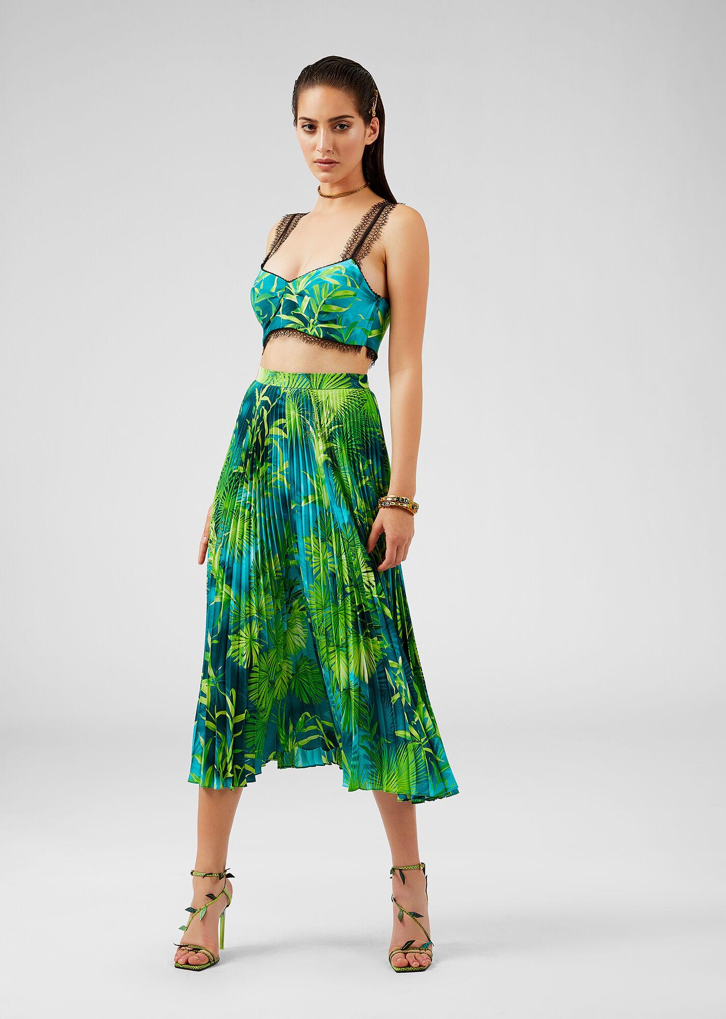 Blue Versace Spring 2020 Verde Jungle Print Pleated High Rise Midi Skirt Size 38