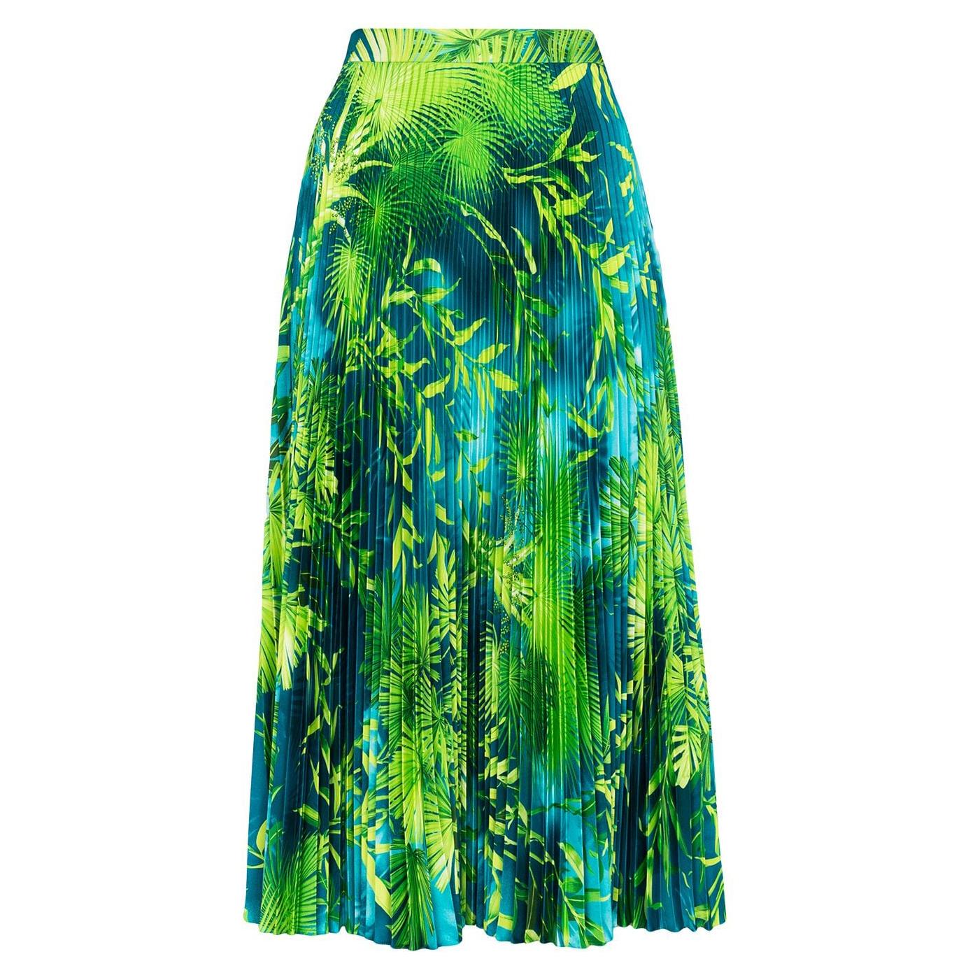 Versace Spring 2020 Verde Jungle Print Pleated High Rise Midi Skirt Size 38