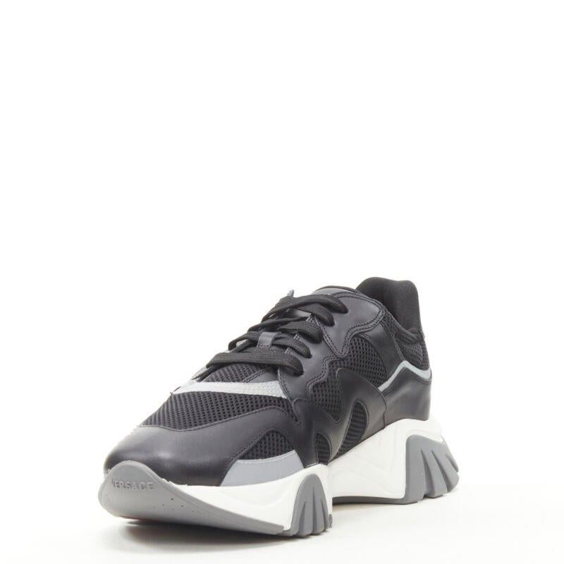 VERSACE Squalo black leather mesh chunky sneakers D41 EU45.5 US12.5 In Excellent Condition For Sale In Hong Kong, NT