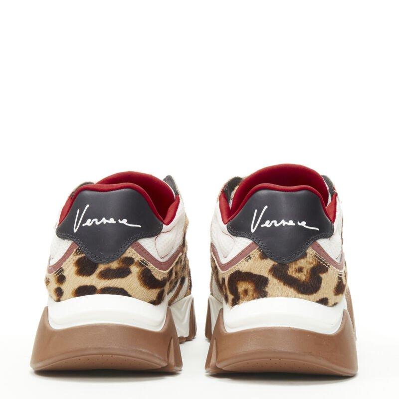 Men's VERSACE Squalo brown leopard calfskin white mesh chunky sneakers EU41 US8 For Sale