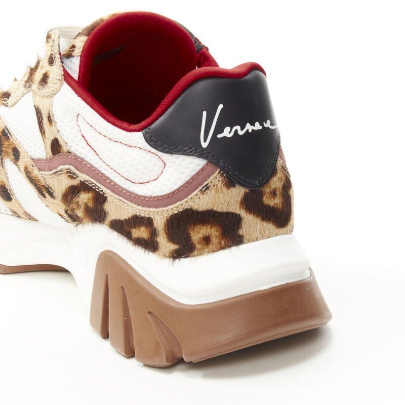 VERSACE Squalo brown leopard calfskin white mesh chunky sneakers EU41 US8 For Sale 4
