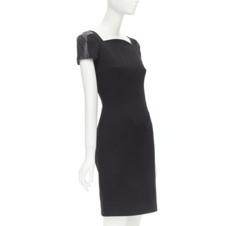 Black VERSACE square neckline leather cap sleeve bodycon seam sheath dress IT38 XS For Sale