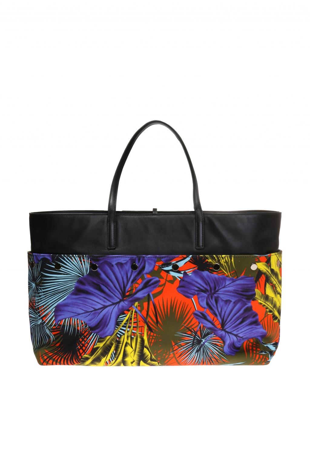 Black Versace SS18 Multicolor Desert Palm Shopping Tote Bag with Leather Straps