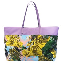 Versace SS18 Multicolor Lilac Desert Palm Shopping Tote Bag with Leather Straps