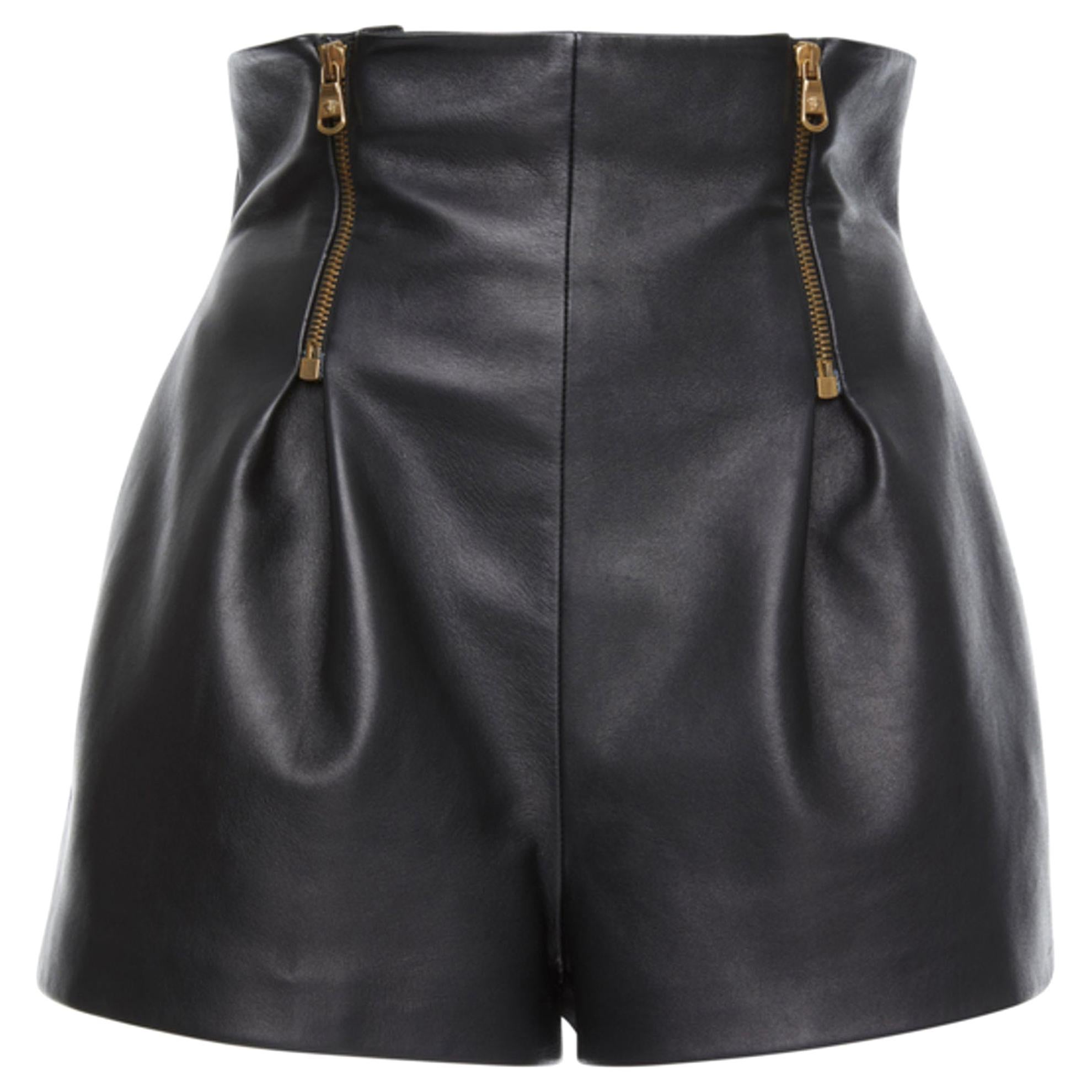 Versace SS19 Black High Waisted Leather Shorts with Gold Tone