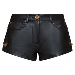 Versace SS20 Gold Tone Safety Pin Black Nappa Leather Mini Shorts Size 40