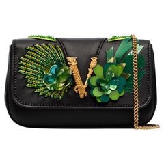 Versace SS20 Runway Virtus Green Beaded Embellished Black Leather Crossbody Bag