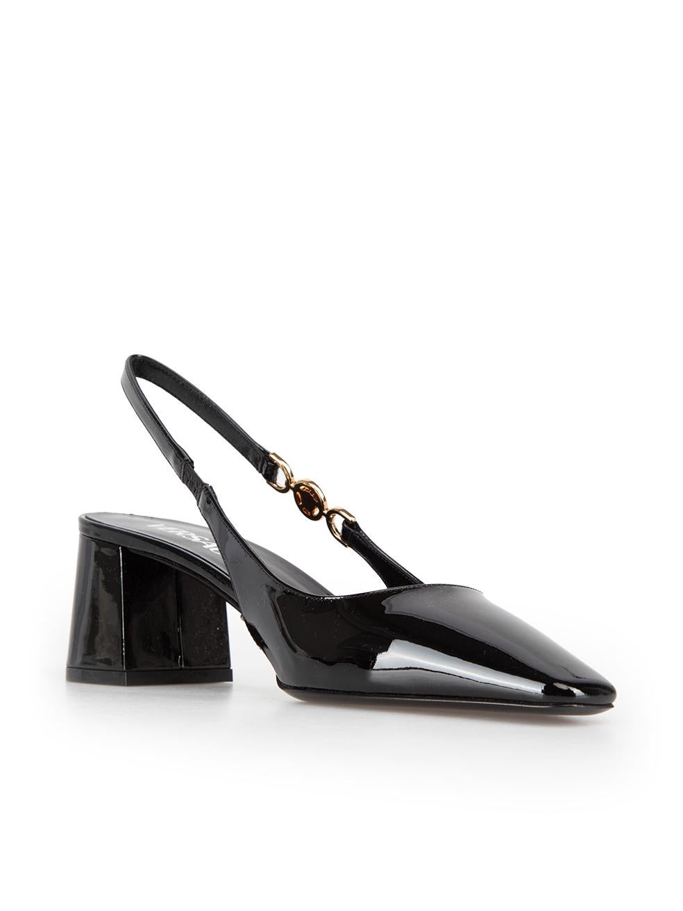 CONDITION is New with tags on this brand new Versacedesigner item. This item comes with original packaging.
 
 
 
 Details
 
 
 Season: SS 2024
 
 Black
 
 Patent leather
 
 Pumps
 
 Slingback
 
 Medusa head detail on strap
 
 Pointed toe
 
 Mid