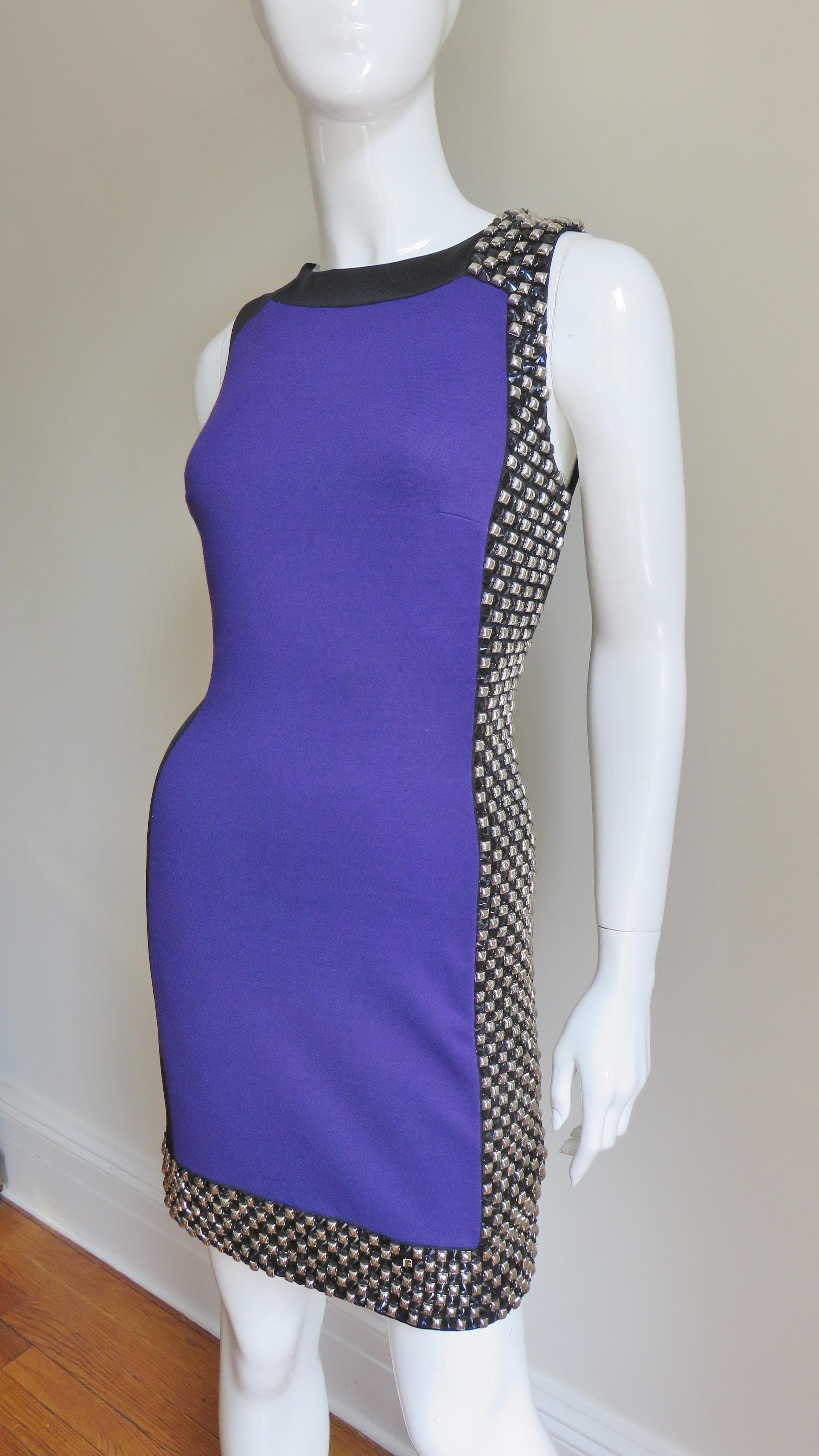 Versace Studded Color Block Silk Dress with Ruched Back In Good Condition In Water Mill, NY